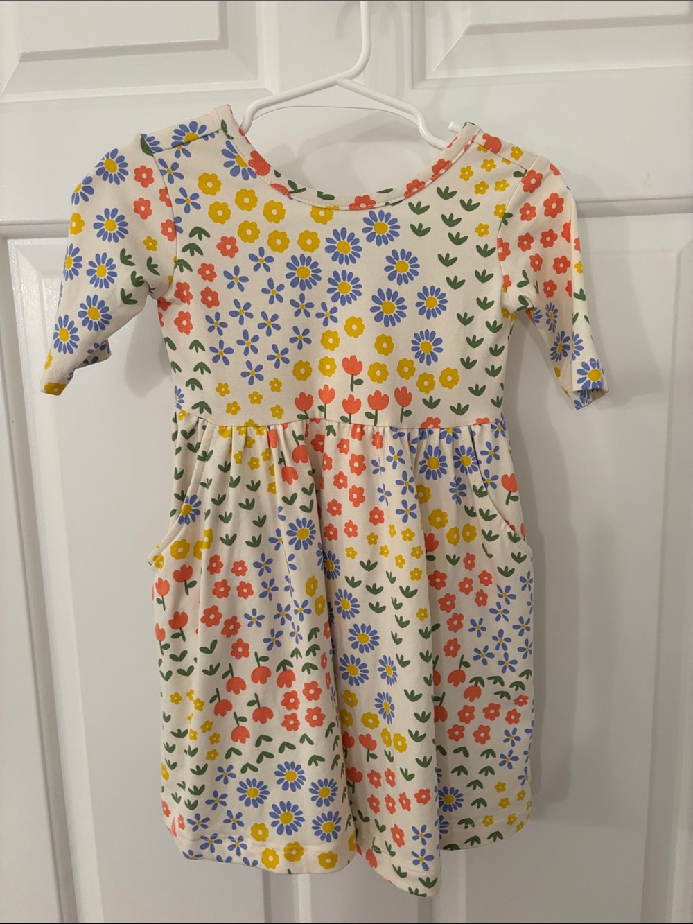 Girls' Cream Floral Pocket Dress - Multicolor